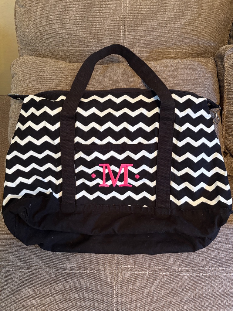 Monogram Chevron Canvas Weekender Bag In Black And White With Pink Accent
